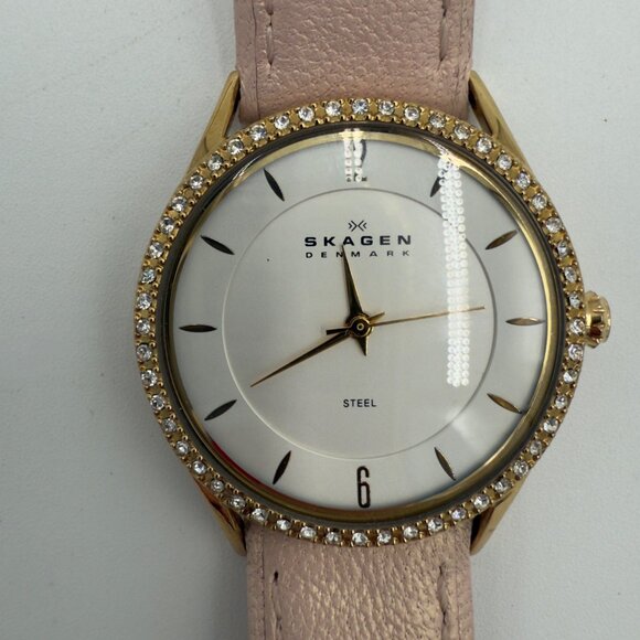 Skagen Denmark Quartz Womens Watch Pink Leather Band Silver Crystals 347SGL1 - Picture 1 of 16